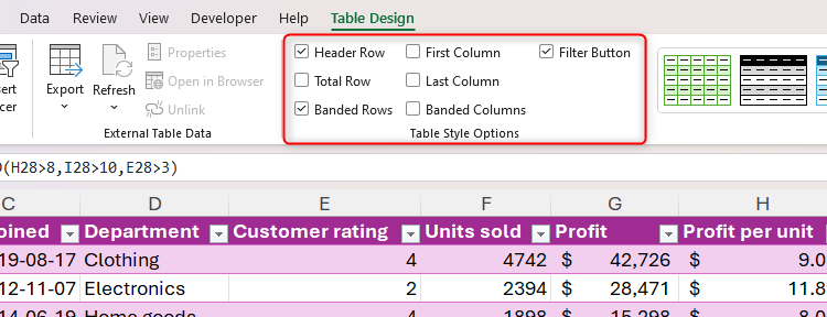 The Table Style Options group in Excel's Table Design tab on the ribbon.