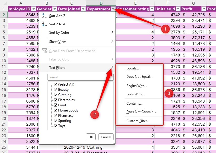 The text filter options in a Microsoft Excel table.