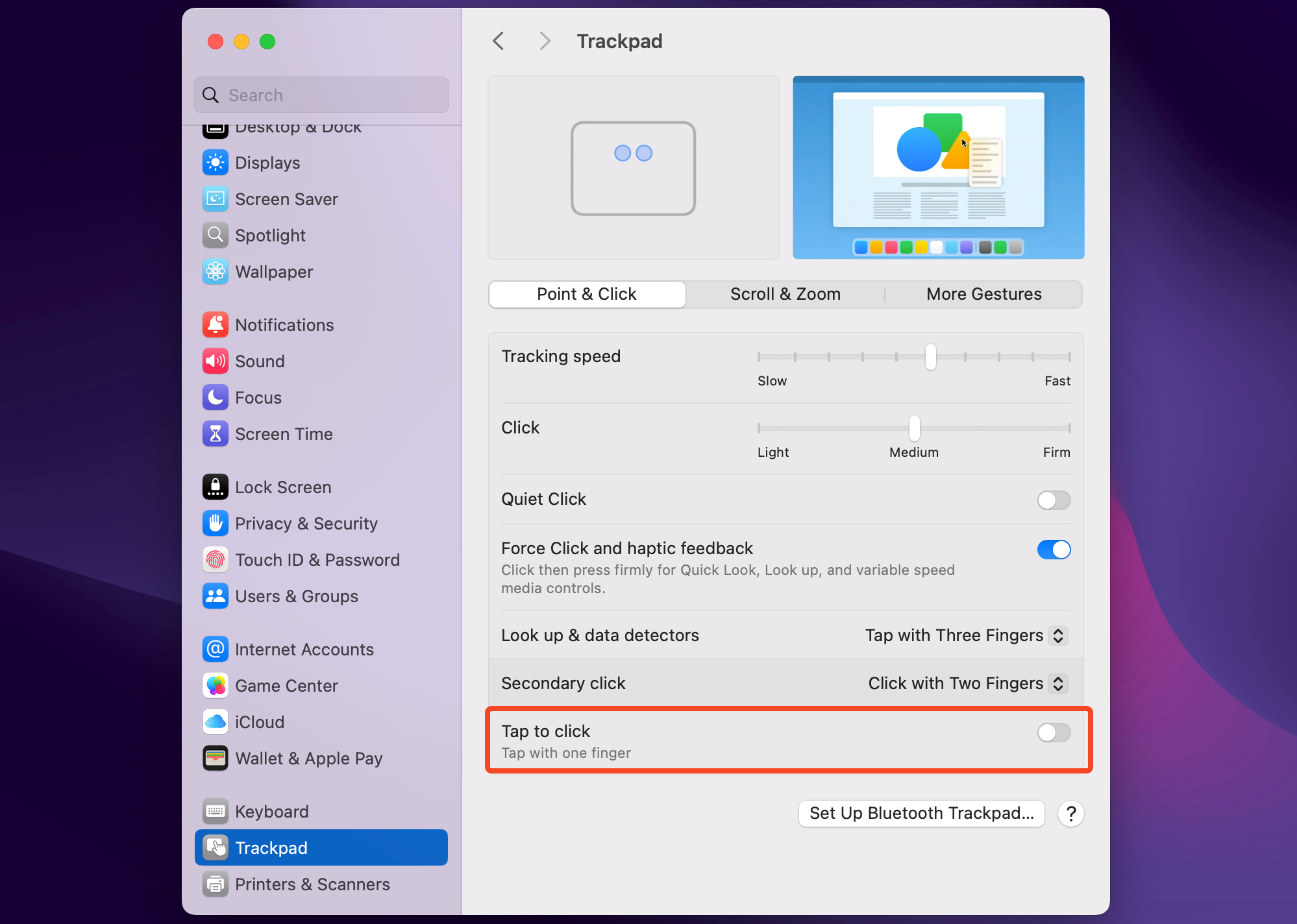 The trackpad settings in macOS.
