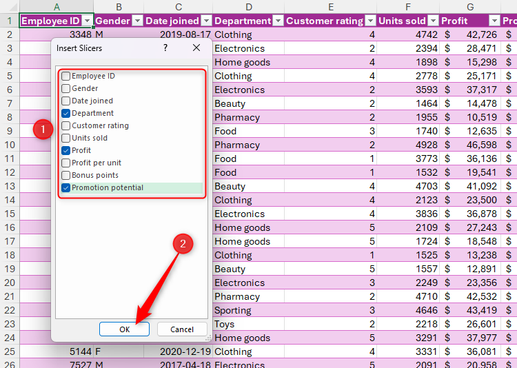 Three column headers are selected in Excel's Insert Slicers dialog box.