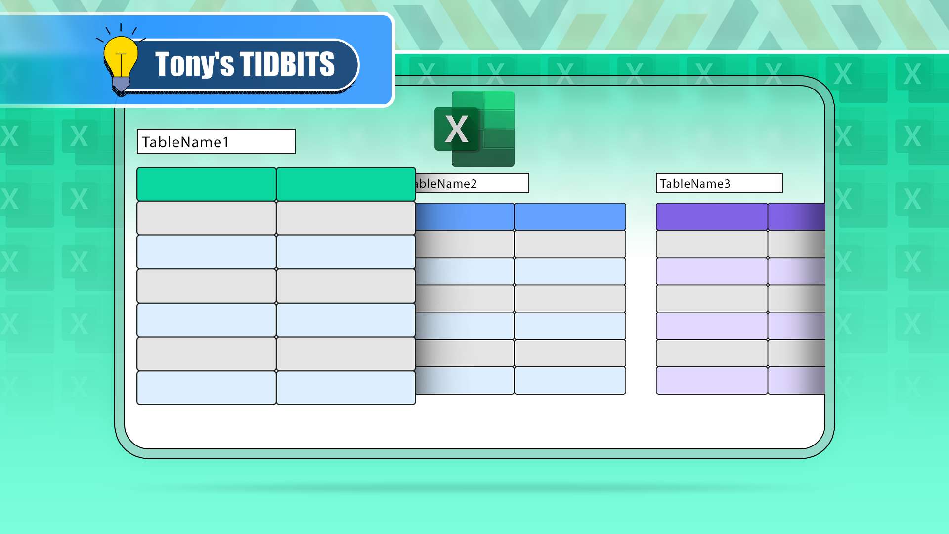 Three Excel tables with their names above them and the Excel logo at the top.