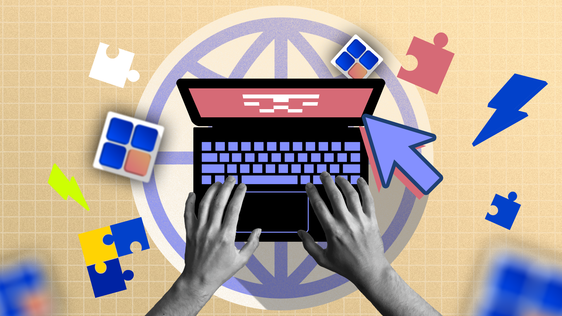 Top-down view of a person using a laptop with app icons around and a website icon in the background.