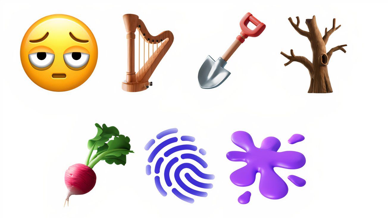 Seven emoji characters on a solid white background.