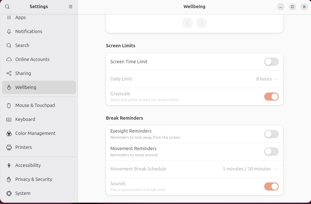 Wellbeing setting in Ubuntu 25.04 settings.