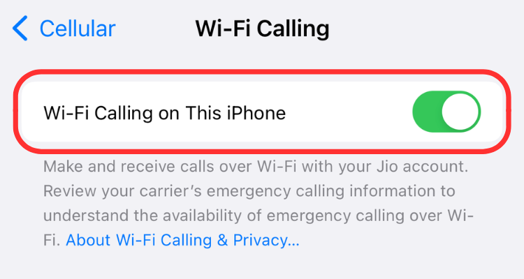 A screenshot of the Wi-Fi calling toggle on iPhone.