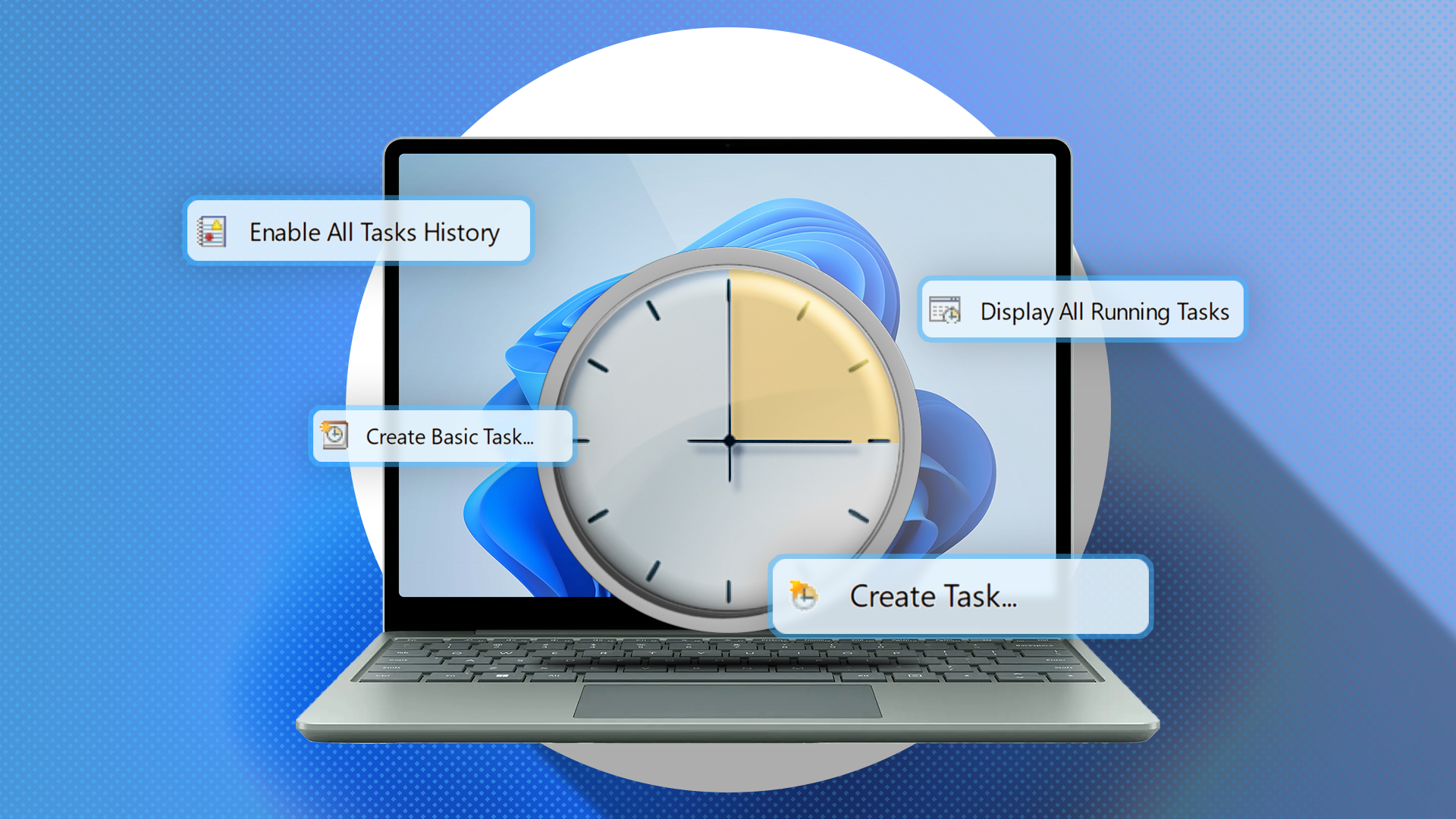 Windows 11 laptop and the Task Scheduler icon in the center.