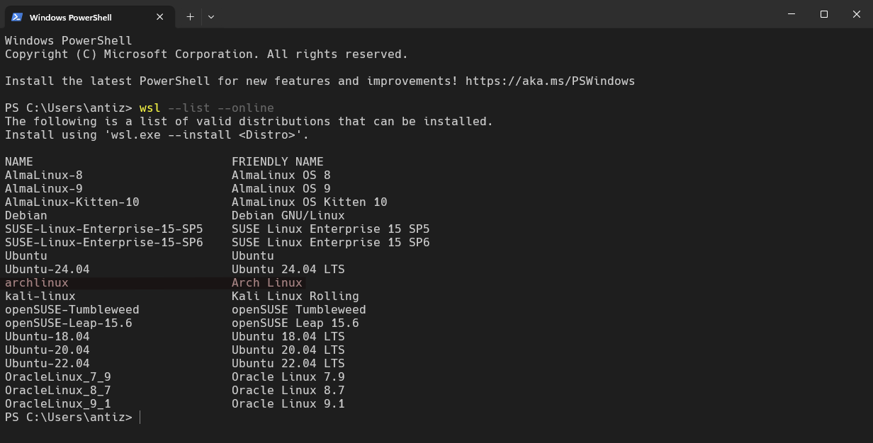 List of Linux distributions in WSL, with Arch highlighted.