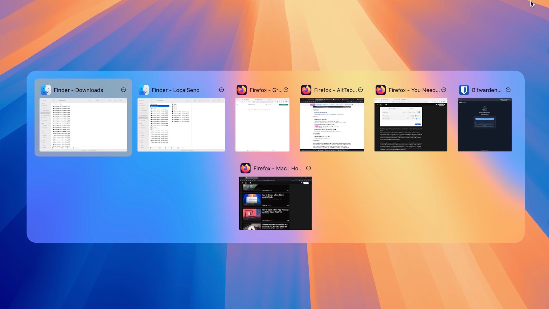 AltTab window switcher on a Mac desktop.