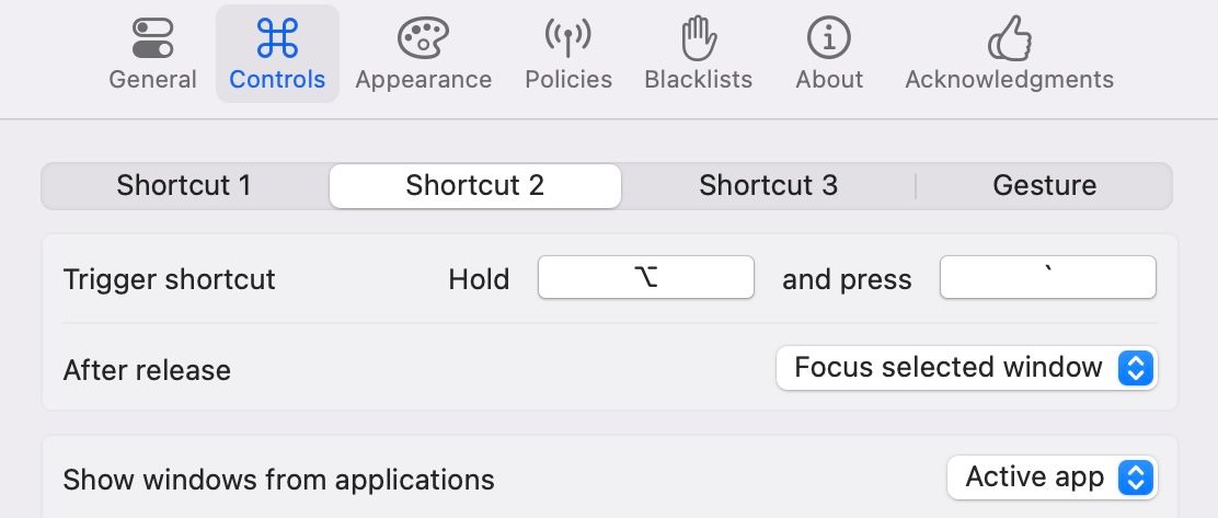 Setting up a shortcut in AltTab to open windows from the active app.