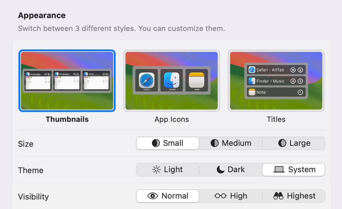 Customization options available under Appearance tab in AltTab preferences.