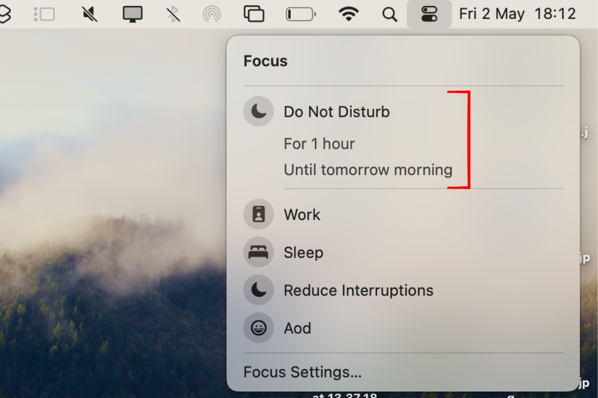 Screenshot of the Mac desktop, highlighting all Focus modes.