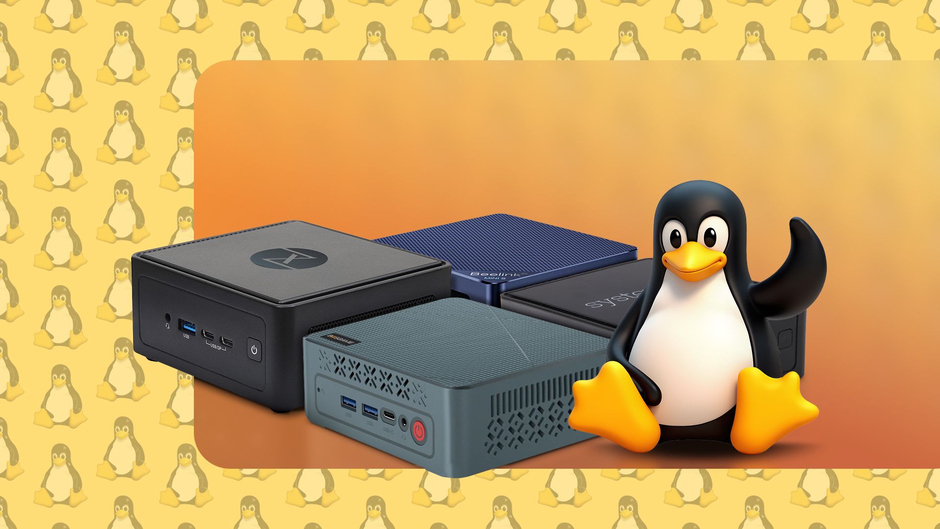 Linux Penguin Sitting Next To Mini PCs.