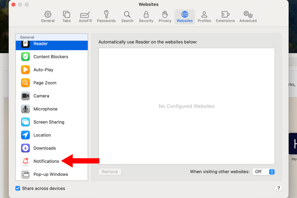 Screenshot of the Safari settings menu with an arrow next to the Notifications options.