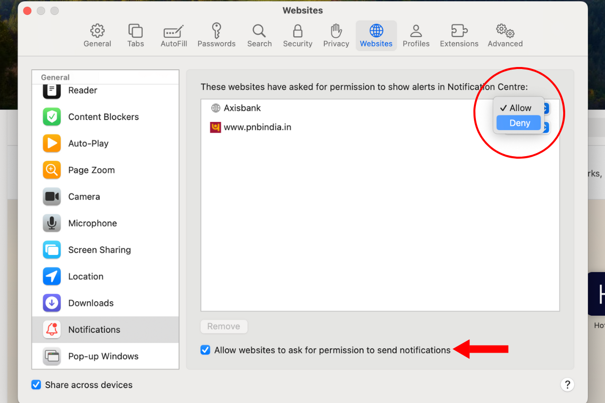Screenshot of the Safari settings menu highlighting the options next to denying persmissions to show notifications.