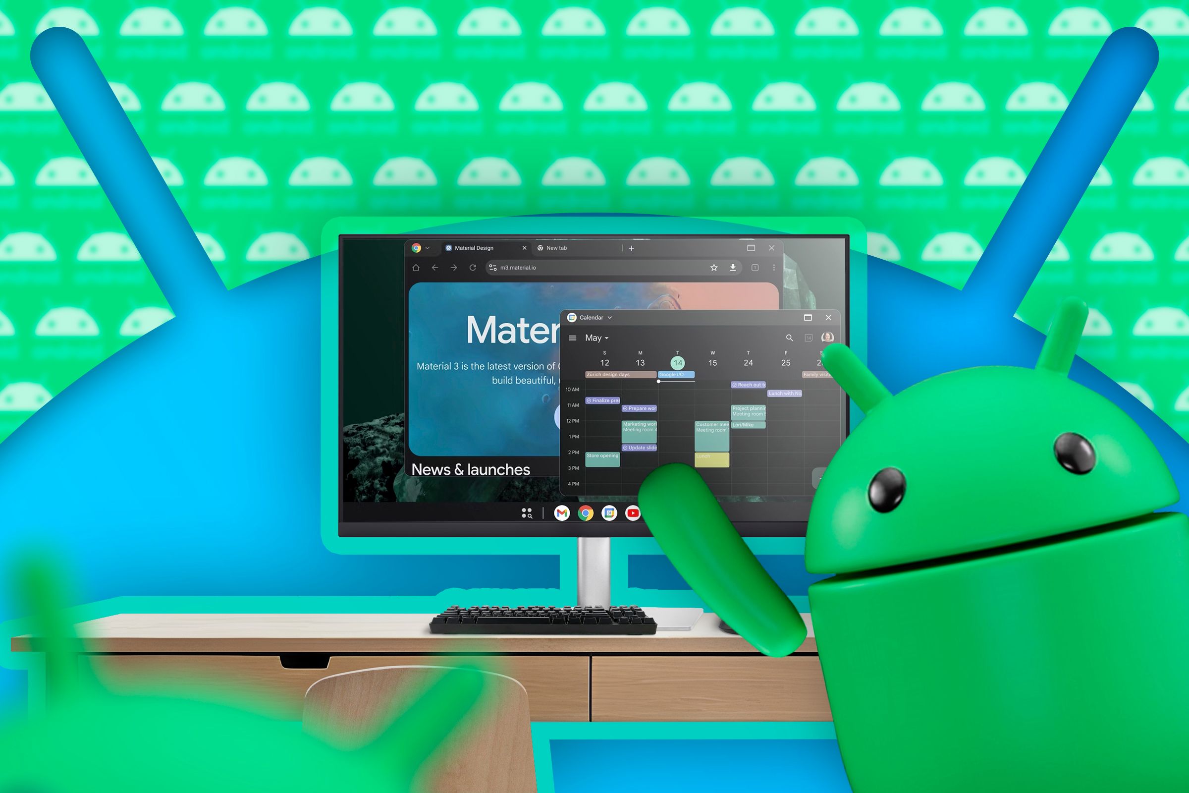 A desktop with the Android screen and the Android mascot next to it waving.-1