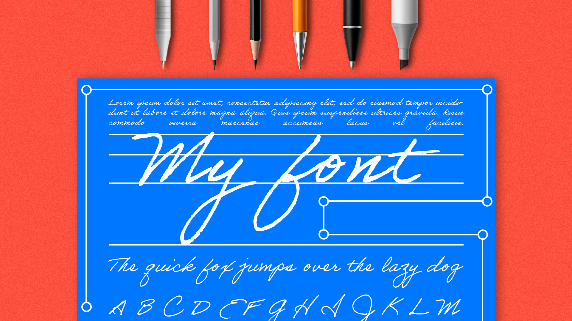 A handwritten font presentation template with some pens and pencils above.