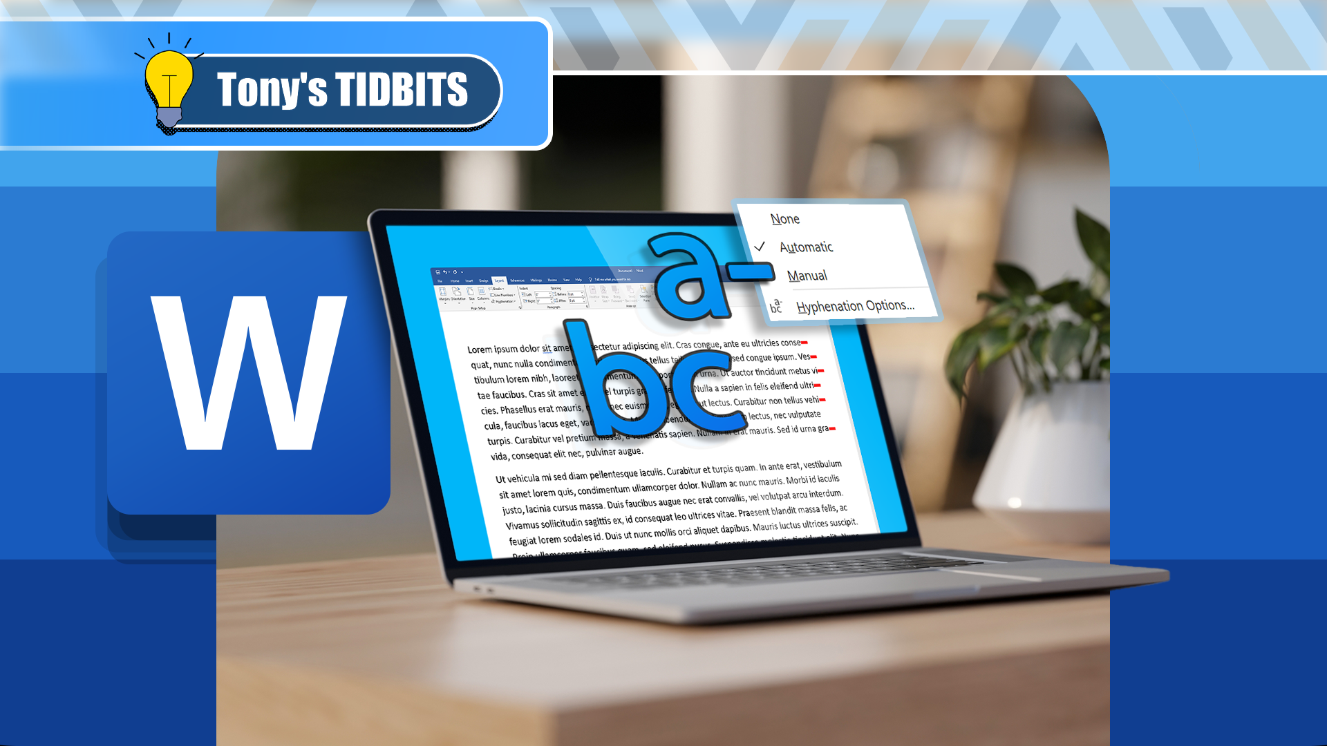 A laptop running Word with the hyphenation window open and a hyphenated text.