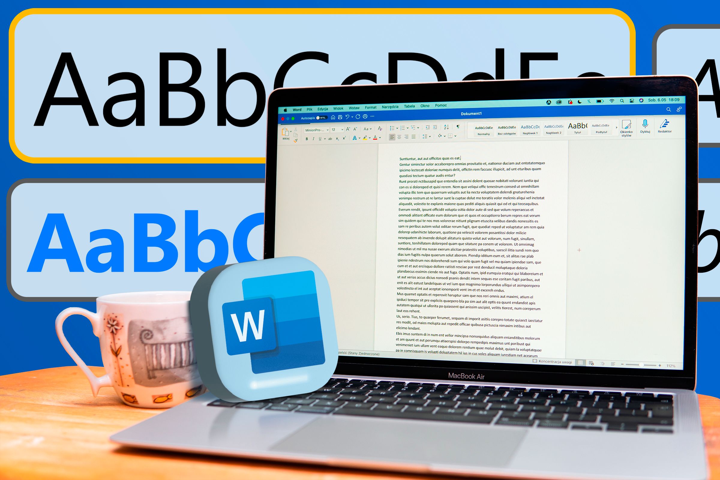 A laptop with Microsoft Word on the screen and some text styles in the background.