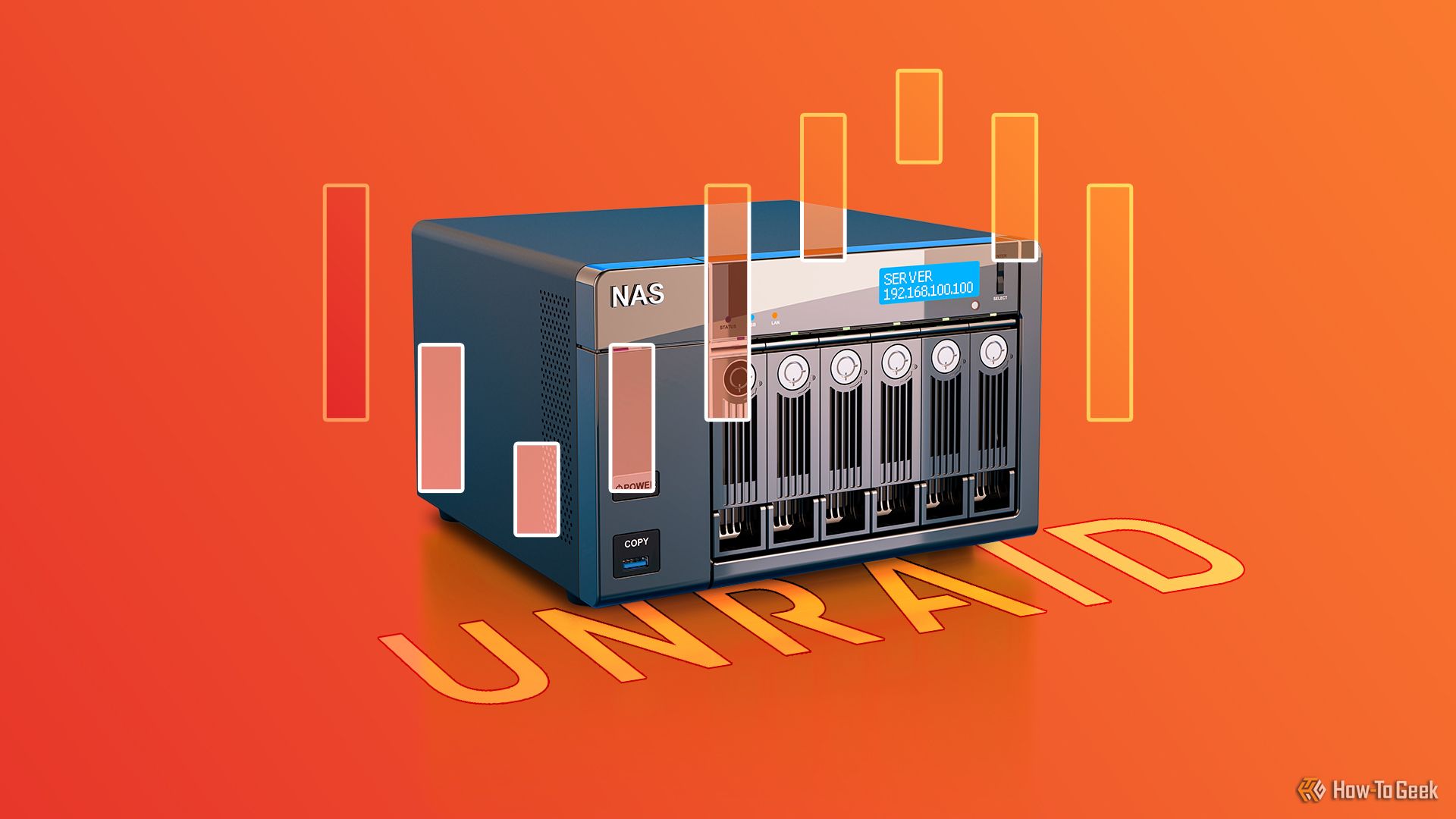 A NAS server with the Unraid logo at the center.