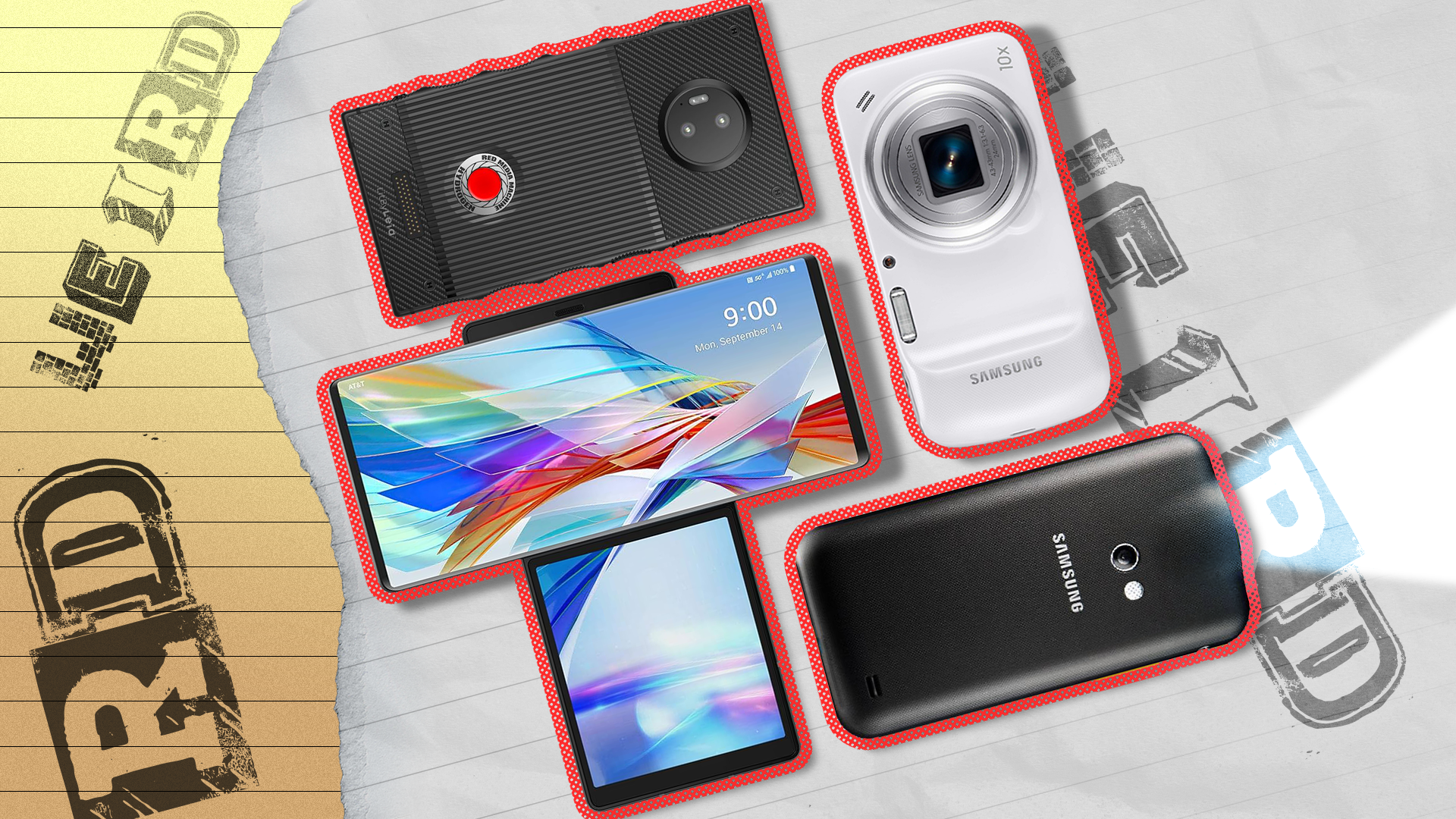A torn piece of paper and some smartphones with strange features side by side.