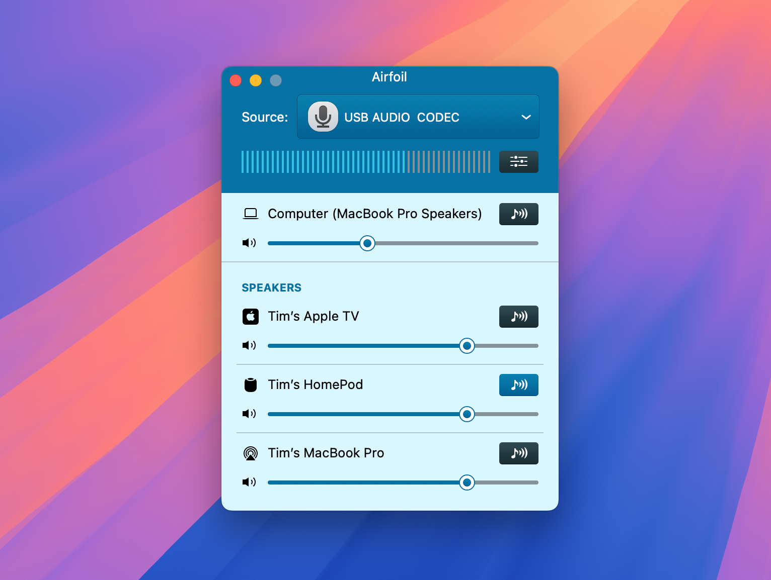 Airfoil for Mac with a USB audio source.