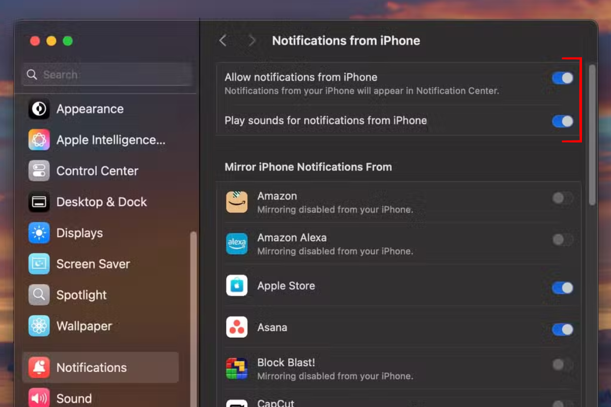 Screenshot of the notifications section on Mac highlighting the allow notifications from iPhone option.