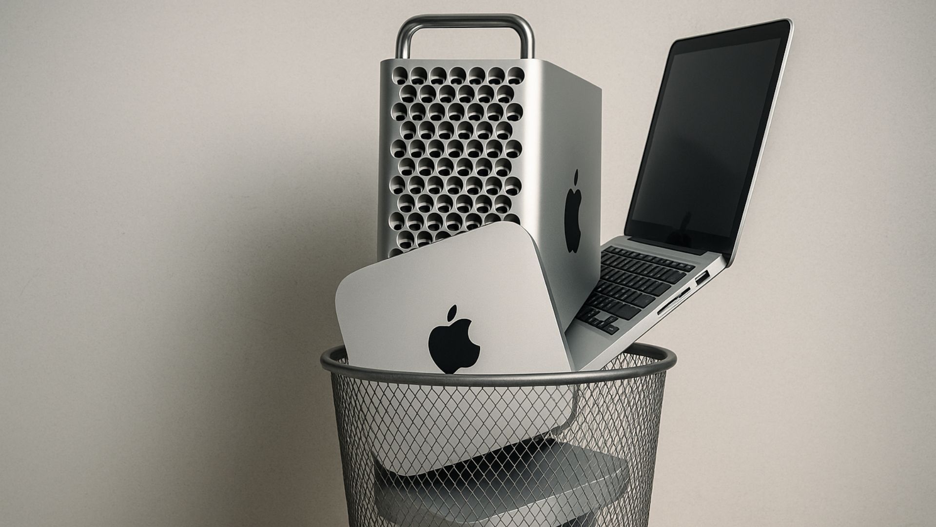 An AI-generated image of various Macs in a waste bin.