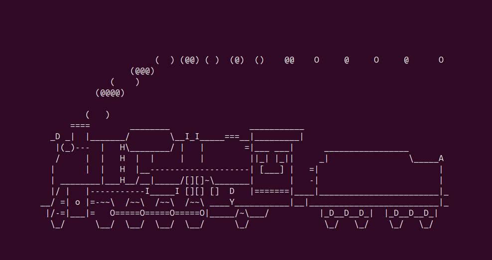Screenshot of a terminal window showing an ASCII art steam locomotive moving across the screen, generated by the sl command.
