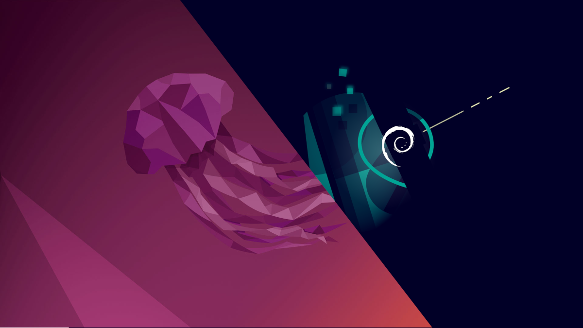 The default wallpapers for Ubuntu 21.04 and Debian 11 split diagonally.