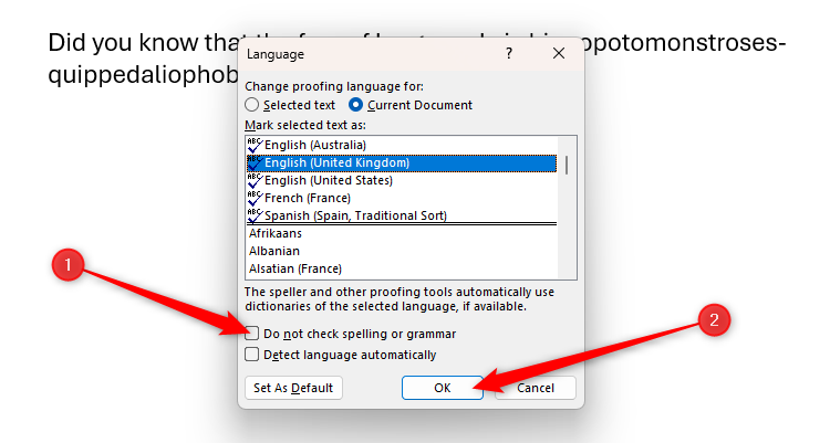 Do Not Check Spelling Or Grammar is unchecked in Microsoft Word's Language dialog box.