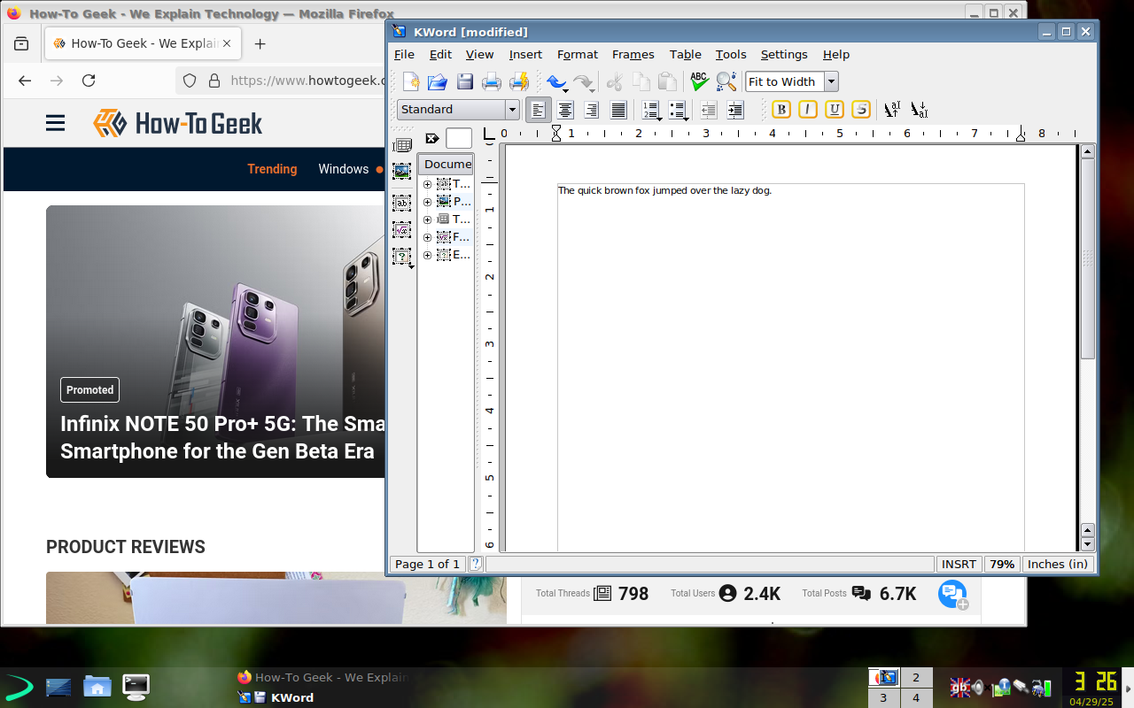 EXE with Firefox and KWord running on the Trinity desktop.