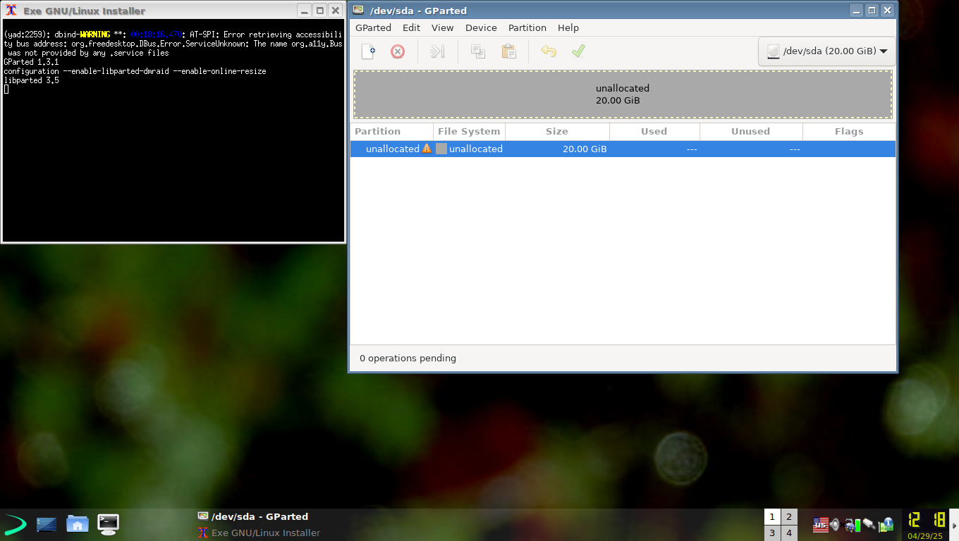 EXE GParted menu as part of the installation process.