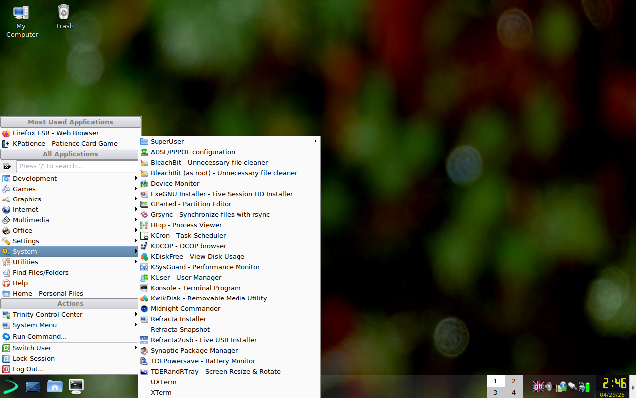 EXE system utilities menu in the Trinity environment.