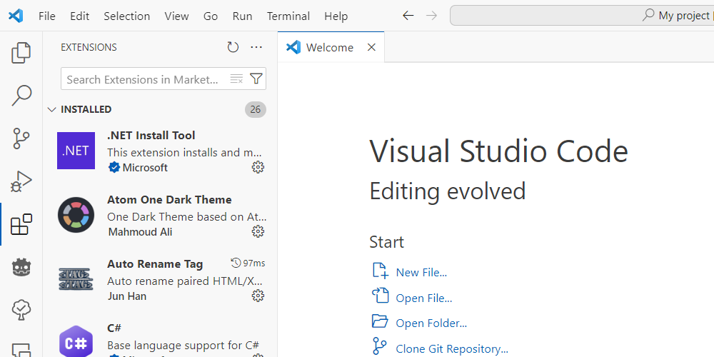 VS Code installed extensions in the left sidebar.