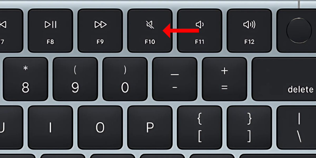 Picture of a Mac's keyboard with an arrow next to the F10 or mute button.