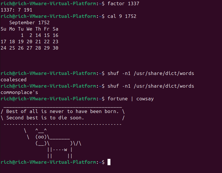 Screenshot of various Linux Easter egg commands executed in a terminal.