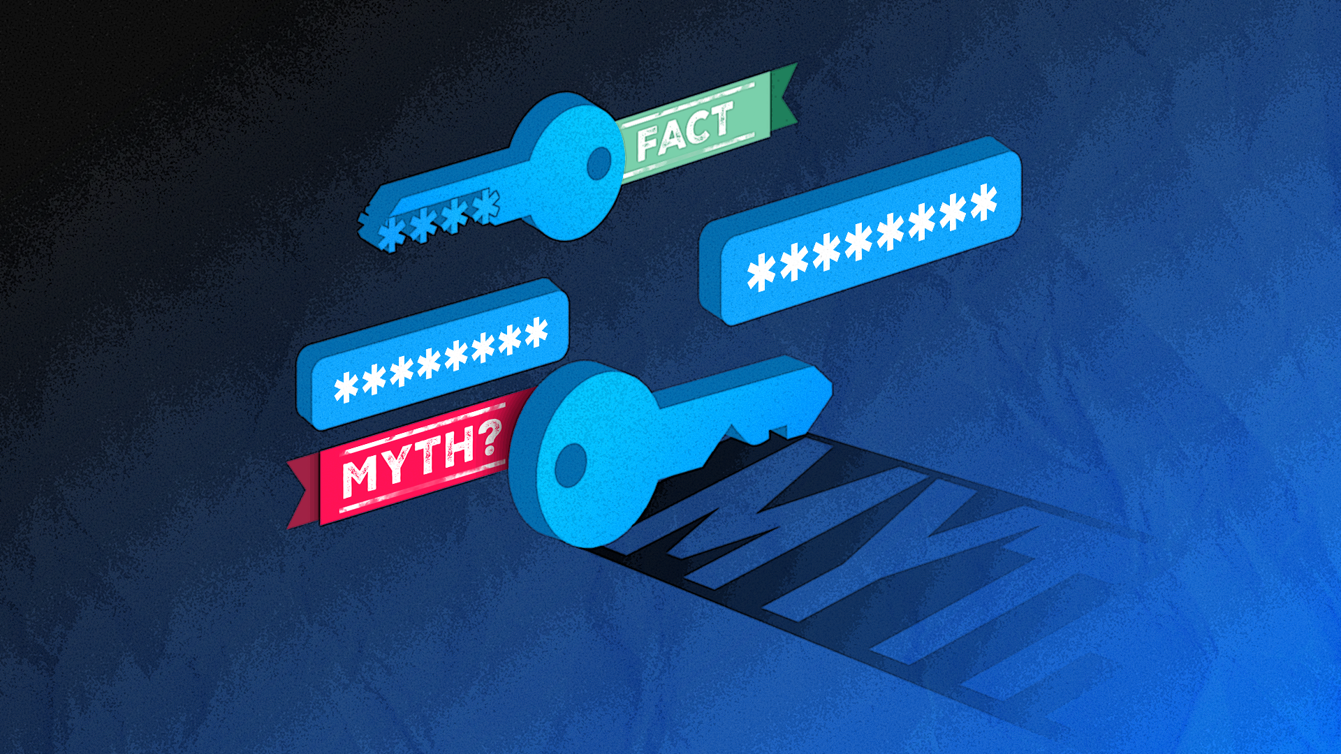 Illustration of a key surrounded by passwords and ribbons labeled 'myth' and 'fact'.