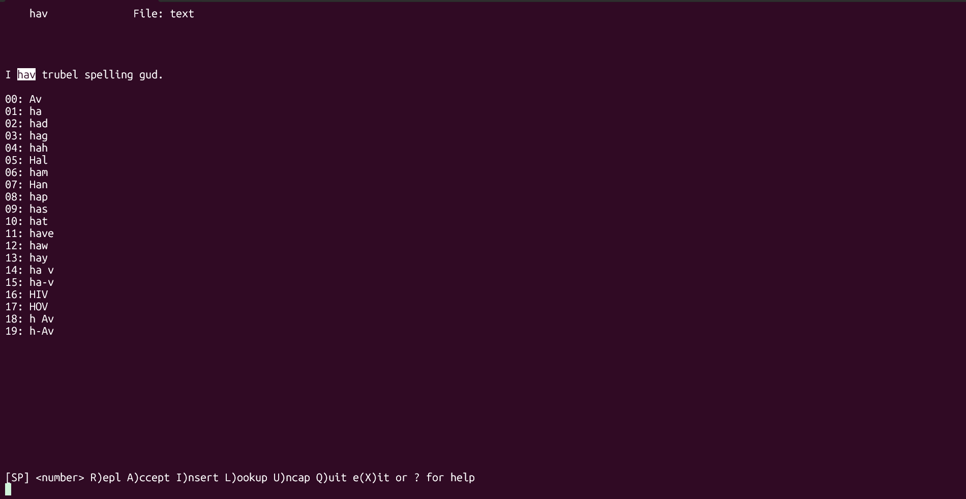 ispell running in the Linux terminal.