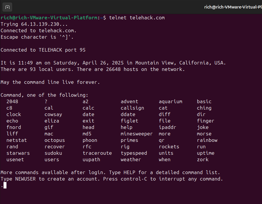 Screenshot of a terminal session connected to telehack.com, displaying a welcome message and a list of available retro-style commands.