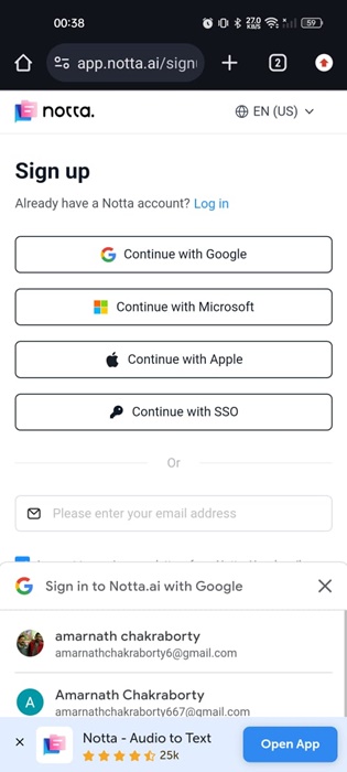 Create an account with Notta.ai