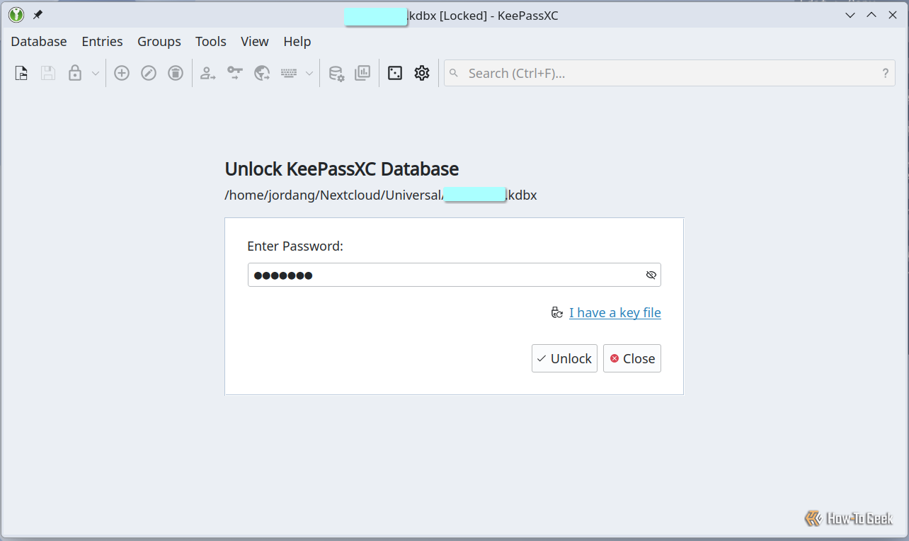 Opening a Nextcloud-synced KDBX file with KeePassXC.