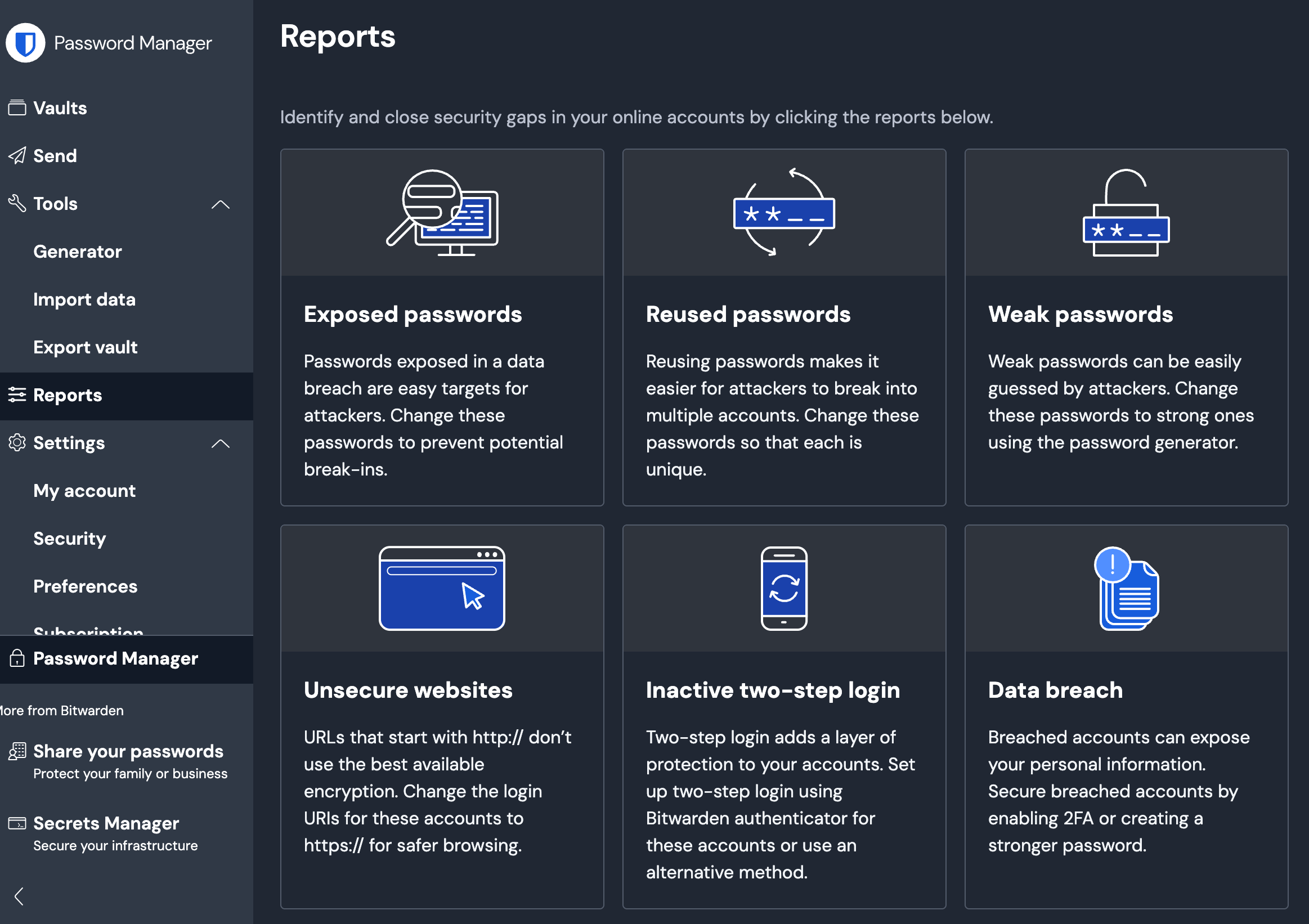 A screenshot showing Bitwarden's Password reports feature.