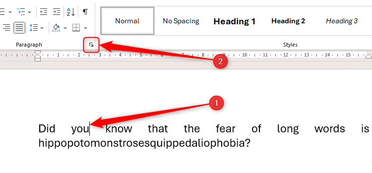 The cursor is placed in a paragraph in Microsoft Word, and the Paragraph dialog box launcher icon is selected.