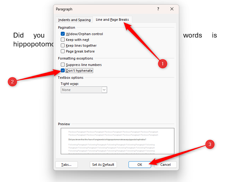 The Don't Hyphenate option is checked in Microsoft Word's Paragraph dialog box.