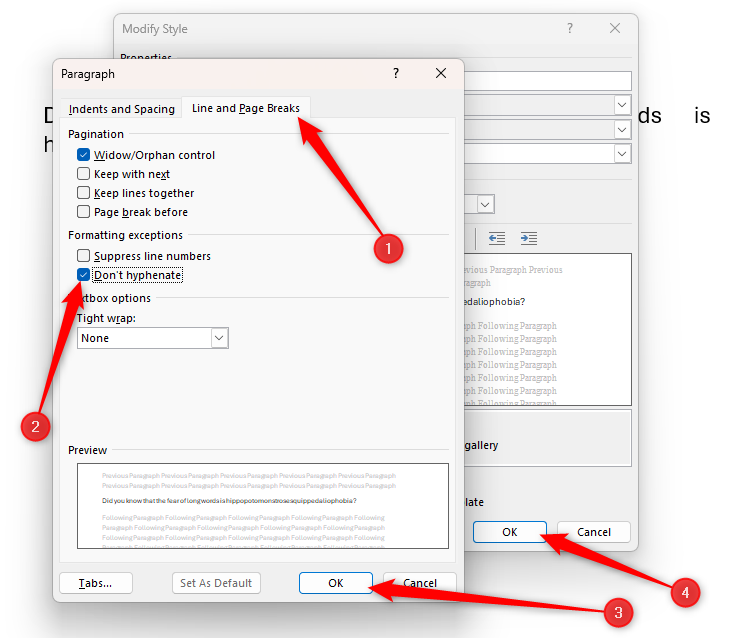 The Don't Hyphenate option is checked in Microsoft Word's Style Paragraph dialog box.
