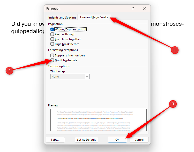 The Don't Hyphenate option is unchecked in Microsoft Word's Paragraph dialog box.