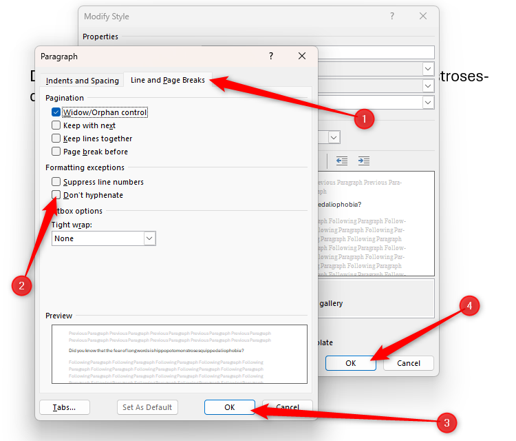 The Don't Hyphenate option is unchecked in Microsoft Word's Style Paragraph dialog box.