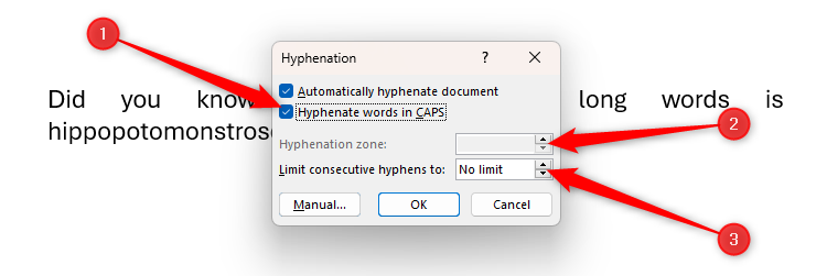 The Hyphenation dialog box in Microsoft Word, with three settings highlighted.
