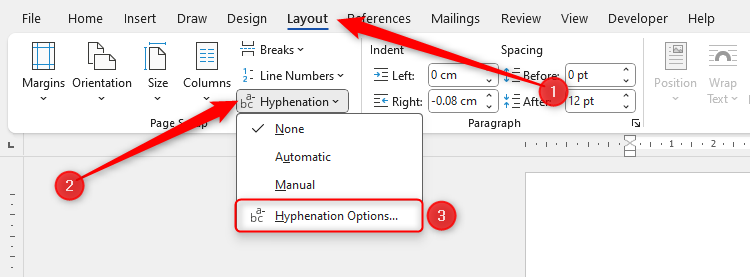 The Hyphenation Options button is selected in the Hyphenation drop-down menu in Microsoft Word's Layout tab.