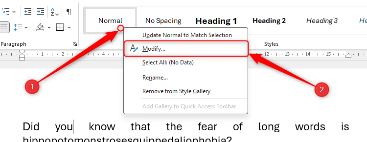 The right-click menu is activated on the Normal style option in Microsoft Word's Style Gallery, and Modify is selected.
